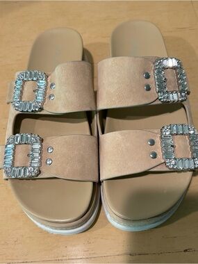 J/Slides nyc tan suede women’s sandals with crystal embellishment in size 8